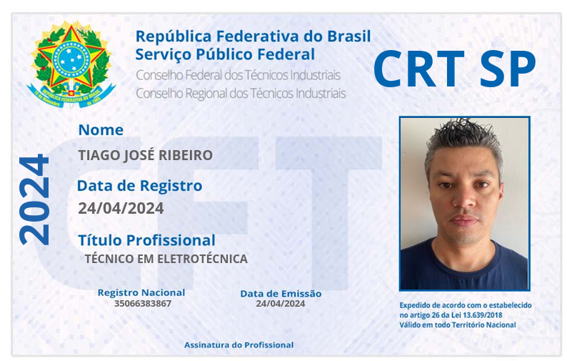 Carteira de registro profissional CRT-SP de Tiago Ribeiro