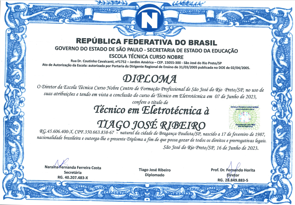 Diploma de Técnico em Eletrotécnica de Tiago Ribeiro